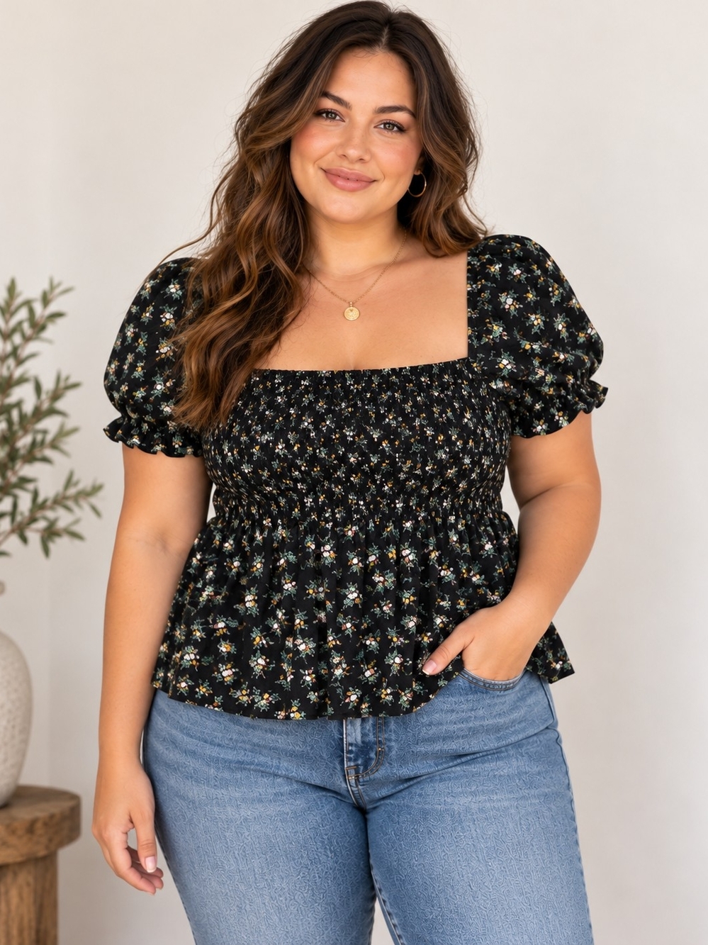 American Eagle XXL Floral Smocked Babydoll Top Puff Sleeve Cottagecore Black